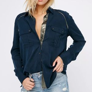 NWOT Free People Off Campus Buttondown Blouse Navy